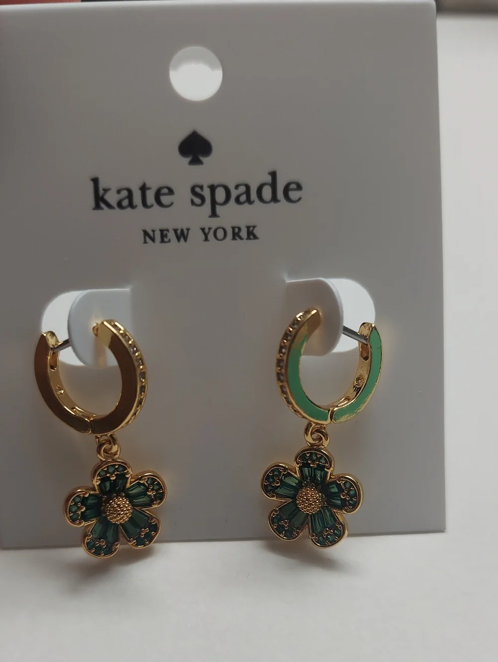Kate Spade Gold Hoop Earrings with  Green Crystal Flower Charms New